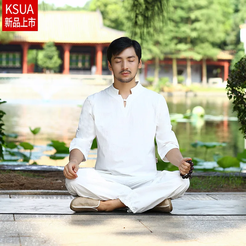 Spring Men Yoga Set Linen Loose Wide Leg Yoga Pant Yoga Shirts Male Martial Arts Tai Chi Uniform Meditation Yoga Suit Casual Set