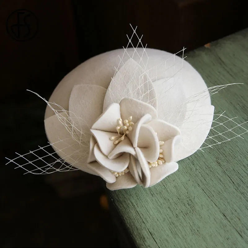 FS Women Fascinator Hat Cocktail White Wool Felt Wedding Party Church Headpiece Fashion Black Formal Flower Pillbox Hats