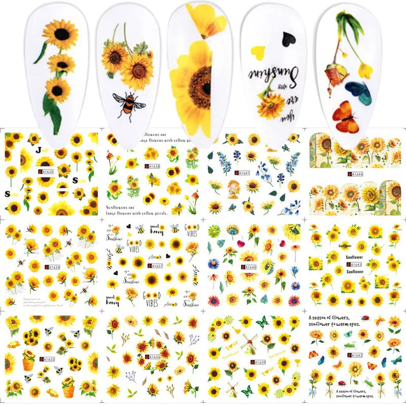 12pcs/set A1633-1644 Series Nails Sunflower Stickers Nail Art Water Decals Butterfy Spring Floral Manicure Decoration Stickers