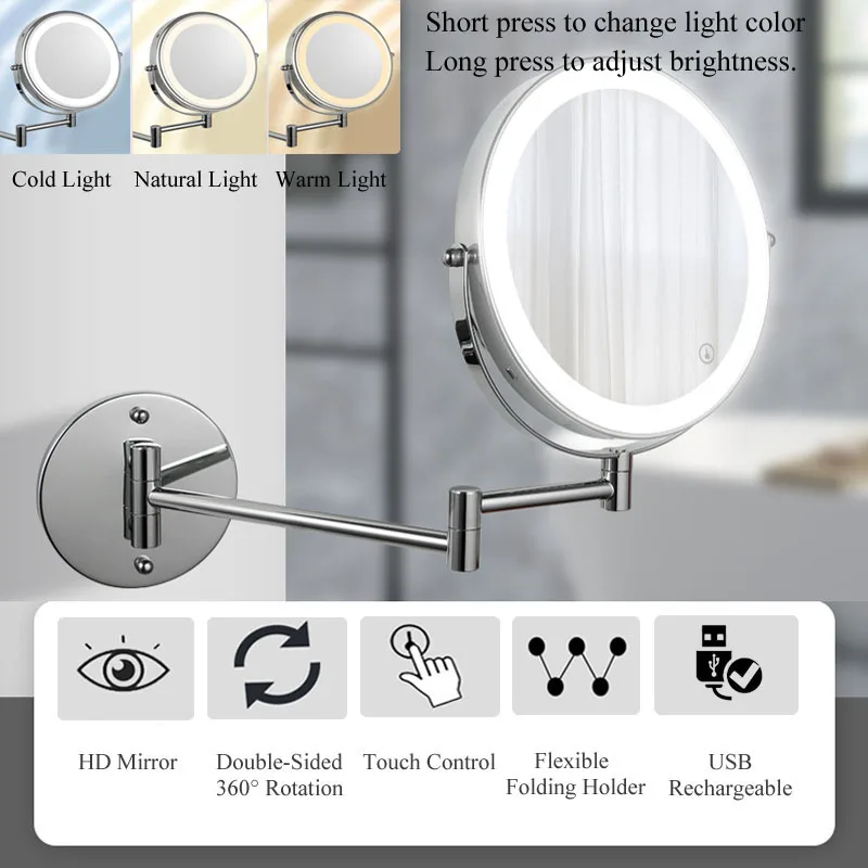 8Inch Bathroom Mirror Folding Extend Arm, USB Rechargeable,3Color Touch Control Vanity Makeup Mirror, 2-Sided 3/5X Magnification