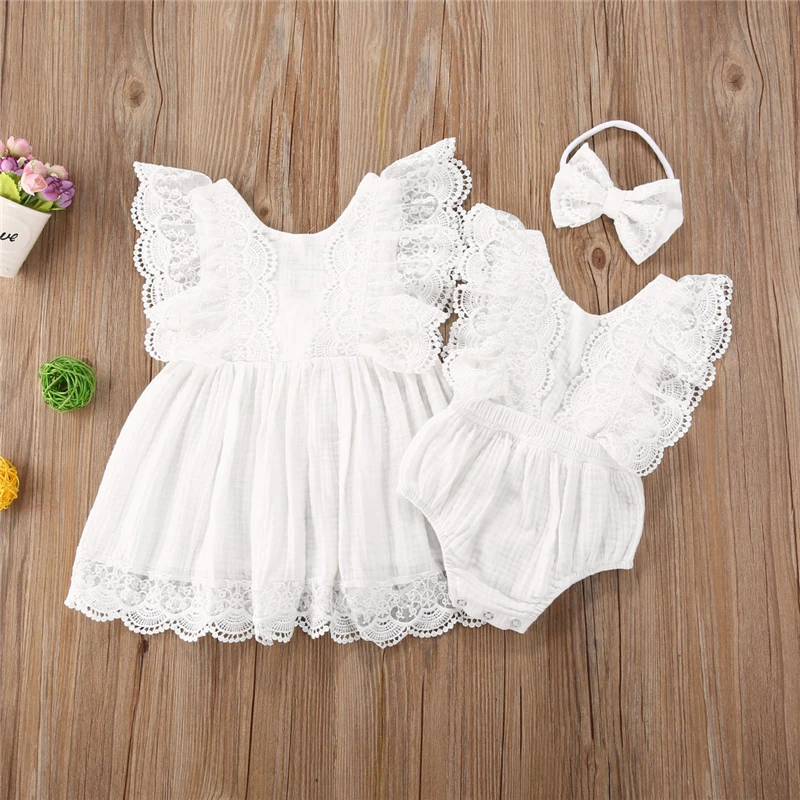 New Summer Toddler Kids Baby Girl Clothes Sister Matching Outfits Lace Tutu Romper Jumpsuit / Lace Floral Dress Sundress Set