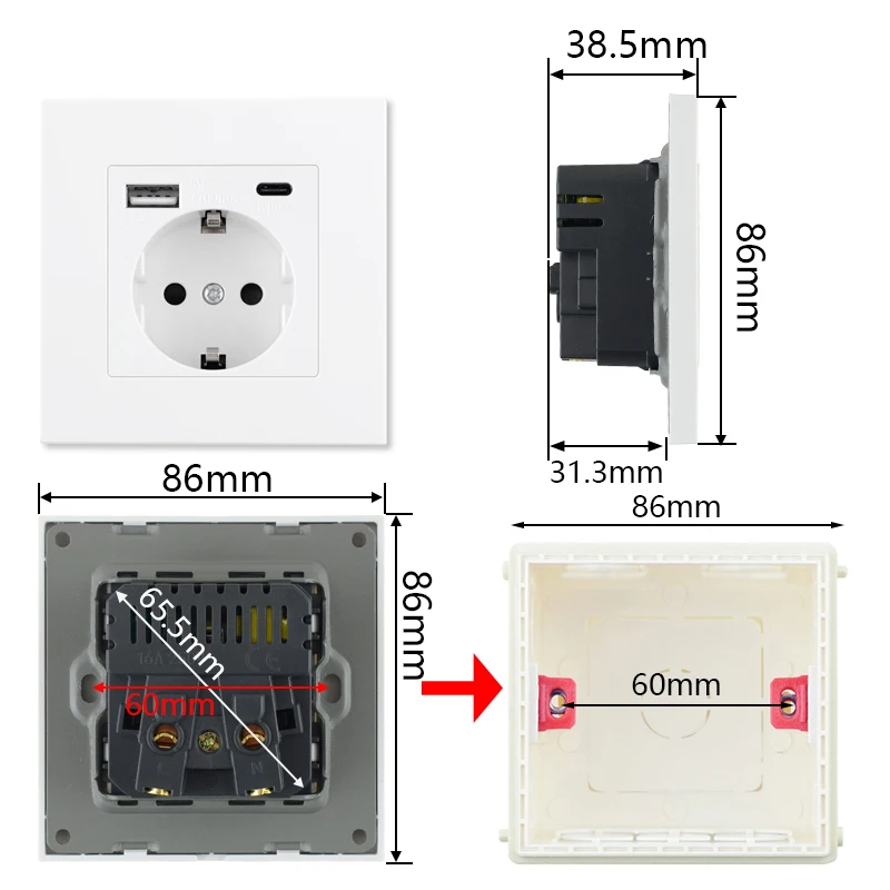 USB EU Outlet, Socket With Type C, USB Plug , AC 110V-250V 16A Wall Embedded Socket, Wall USB Power Socket