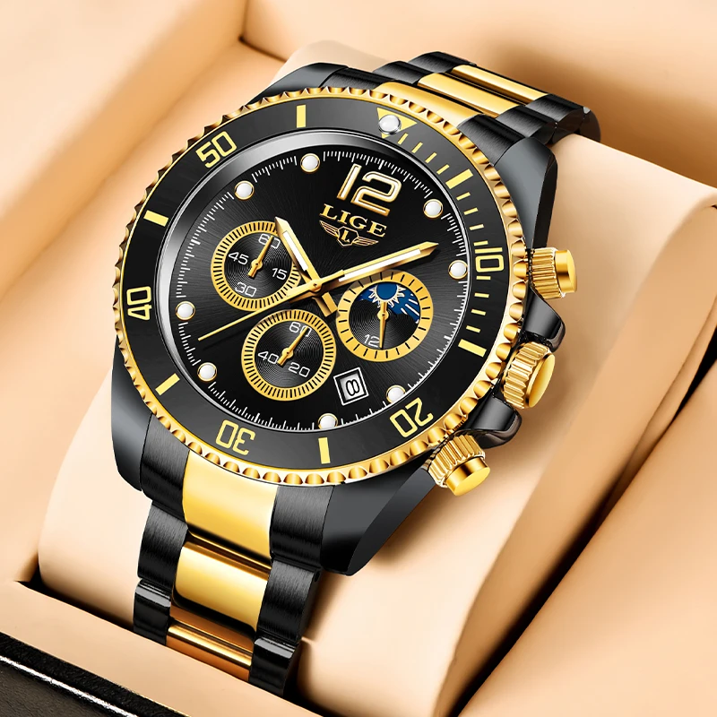 LIGE Fashion Black Gold Clock Top Brand Luxury Stainless Steel Waterproof Quartz Watches Men Sport Chronograph Wrist Watch Man