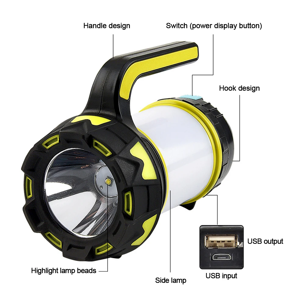 Portable Handheld LED Camping Light White/Red/Blue Light 6 Modes USB Charging Searchlight Night Emergency Work Light