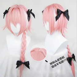 80cm Fate Apocryph Astolfo Cosplay Wig Pink Mix White Heat Resistant Synthetic Hair Perucas + 3 Black Bowknot Hairpins + wig cap