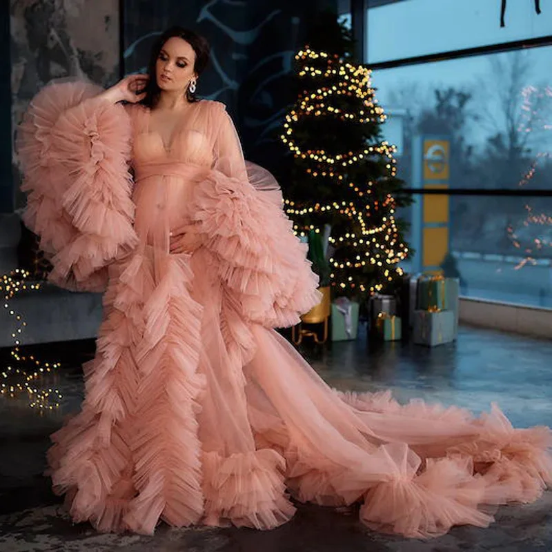 

Elegant Illusion Pink Tulle Maternity Robe for Photoshoot Puffy Pregnant Women Robes Photography Evening Dress Real Photos