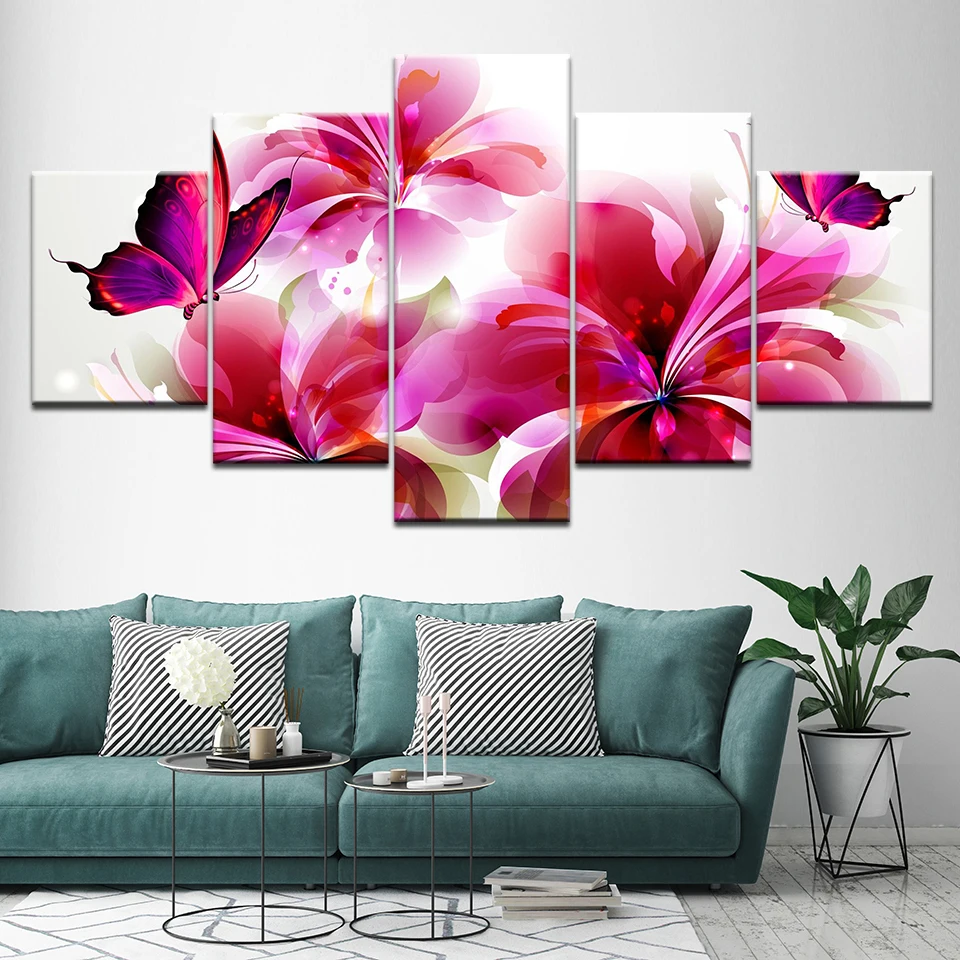 

No Framed Canvas 5Pcs Abstract Romantic Red Flower Butterfly Wall Art Posters Pictures Home Decor Paintings Decorations