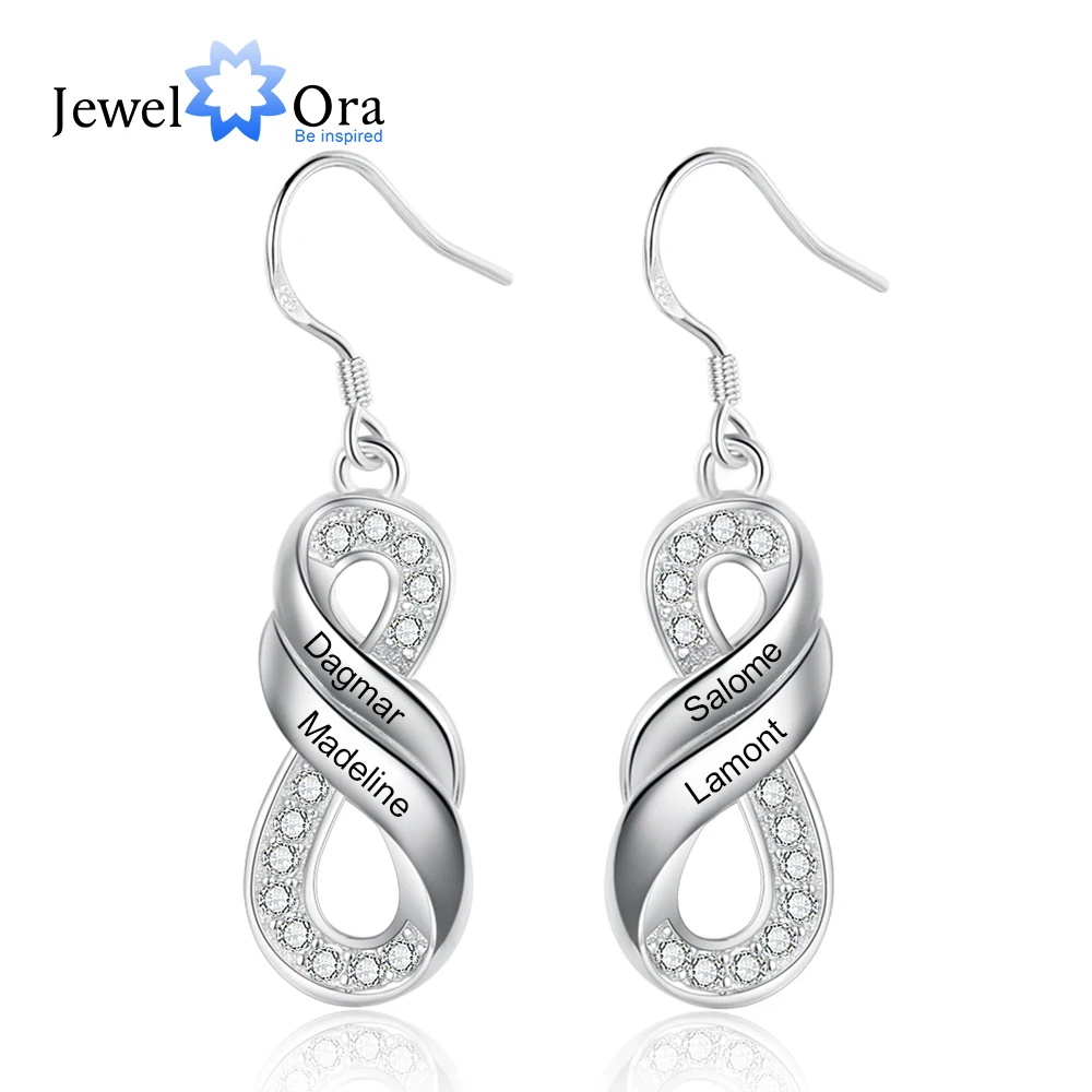 JewelOra Customized Engraved Family Names Infinity Earrings with Zirconia Elegant Personalized Drop Earrings for Women Ladies