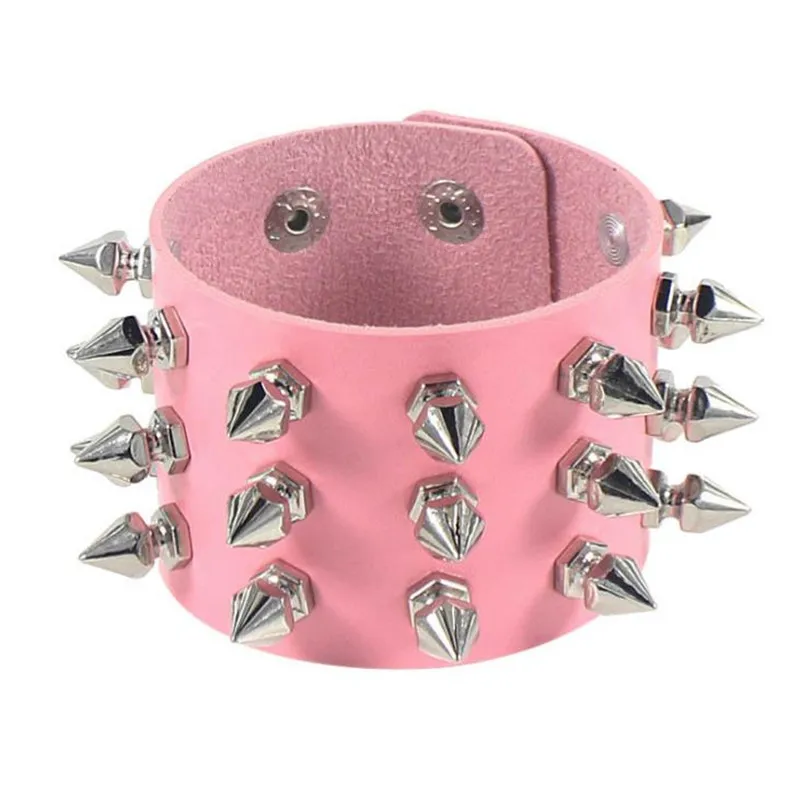 Punk Three Row Cuspidal Spikes Rivet Stud Wide Leather Cuff Bracelet Wristbands Rock Unisex Bangle Bracelets Gothic Men Jewelry