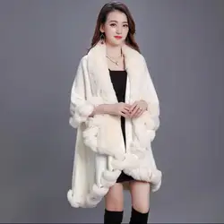 10 Colors Winter Cardigan Cloak Faux Rabbit Fur Collar Out Street Wear Women Cape 2 Layers Long Poncho Warm Loose Shawl Overcoat