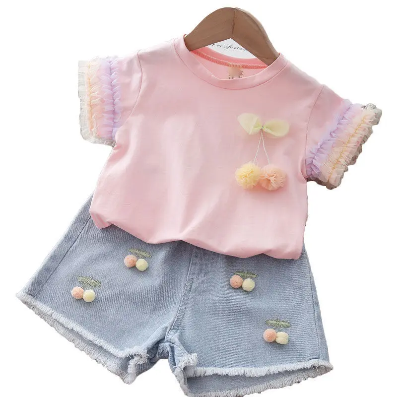 

Children's Clothing 2020 Summer New Cute petal sleeve T-shirt + denim shorts Plush ball Fashion Baby Girls Kids Clothes