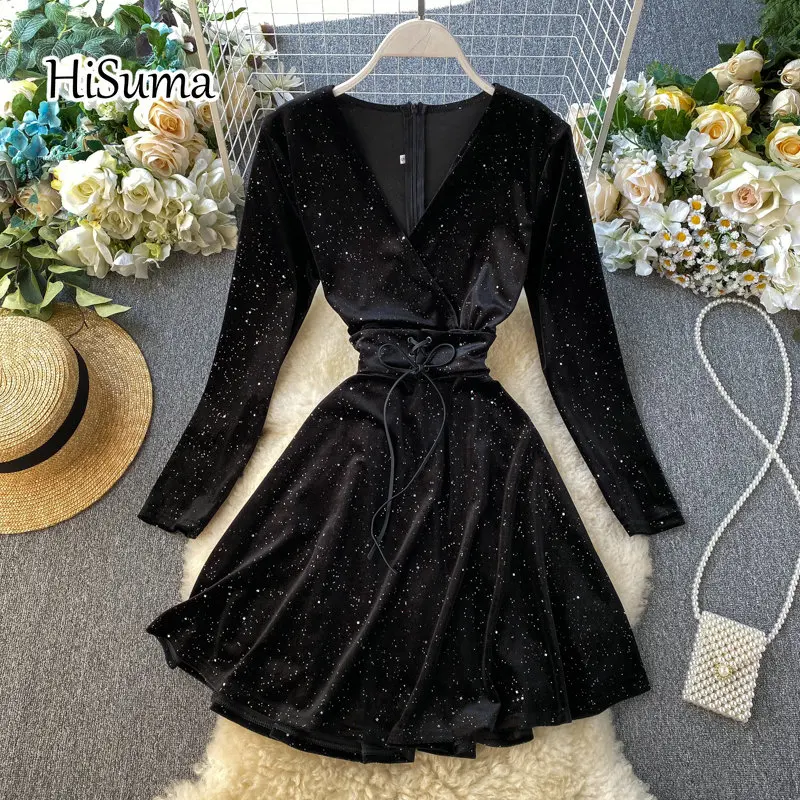 

2021 spring new women's V-neck long sleeve sequins Drawstring velvet A-line dress female chic elegant waist dresses