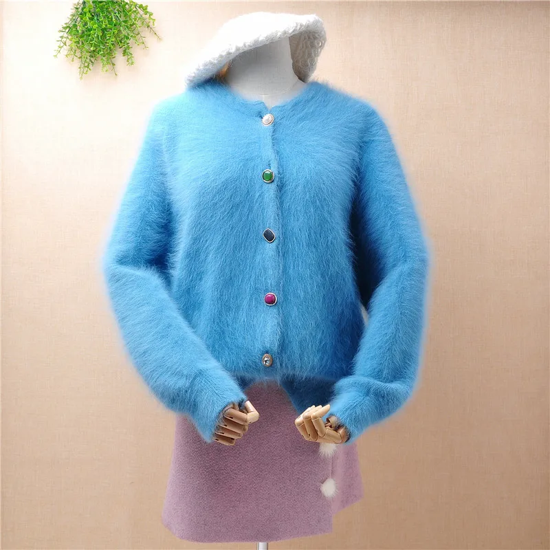 heavy thick winter clothes women female short mink cashmere long sleeved cardigans angora rabbit knitwear inside jacket coat