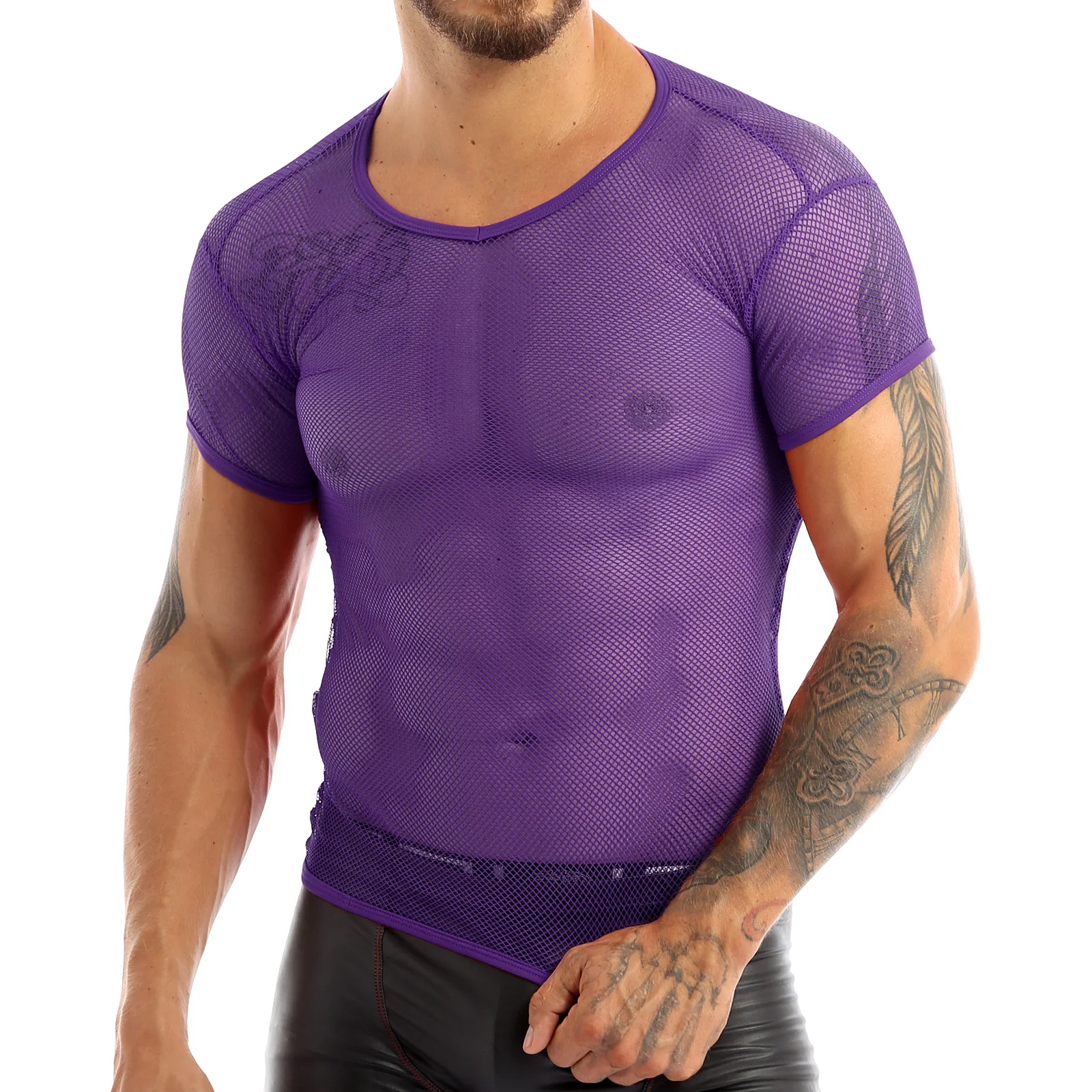 

Men's See-Through Fishnet Undershirts Muscle Showing Tee Shirts Short Sleeve Clubwear Rave Party Tops Shirt Nightclub Costume