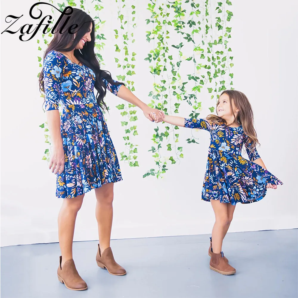 

ZAFILLE Spring Mother and Daughter Matching Dress 2023 Blue Floral Printed Mommy and me Clothes Family Look Mom daughter dress