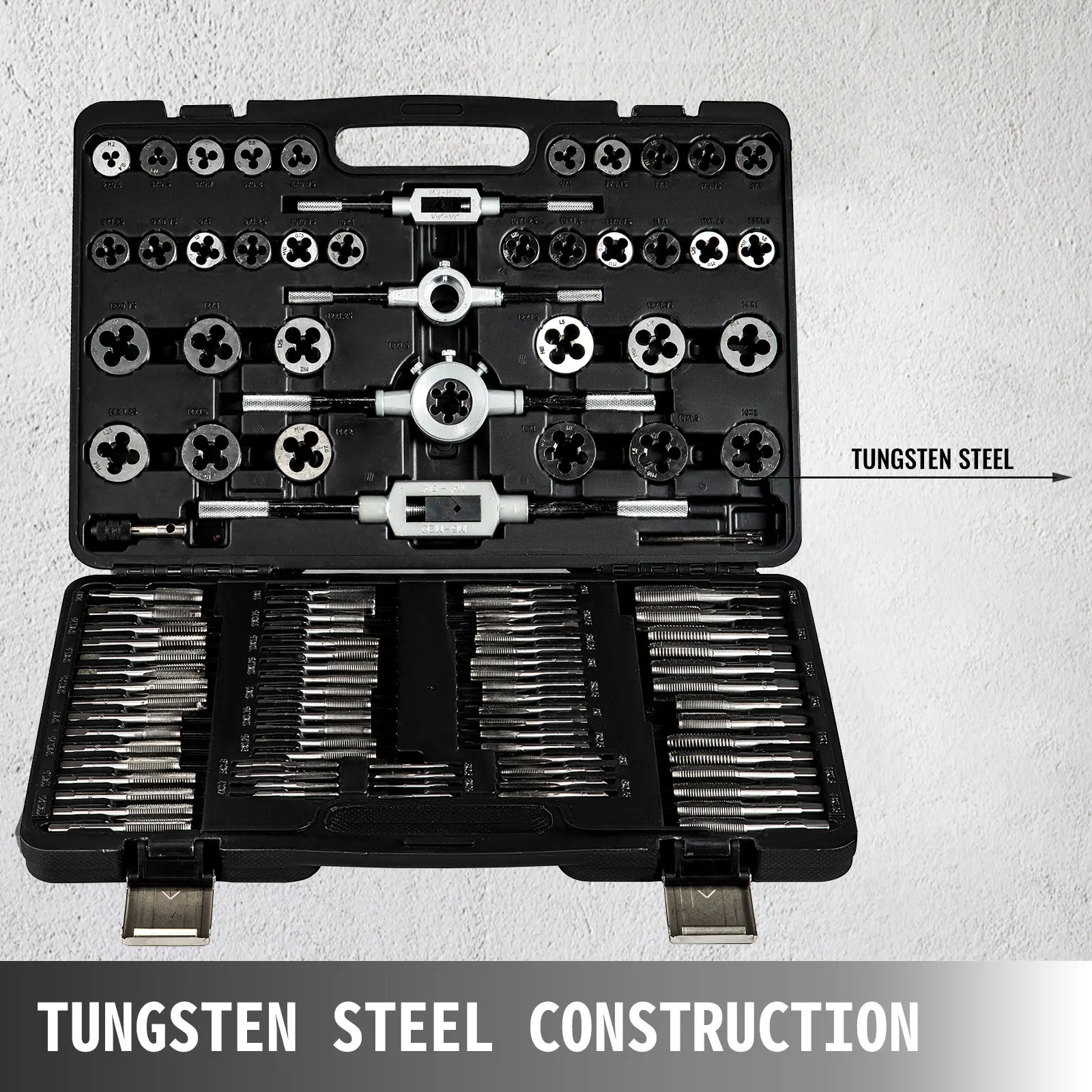 VEVOR Set di Filiere da 110 Pezzi in Acciaio al Tungsteno M2-M18 Maschi e Filiere M2-M18 con Custodia Portatile Accessori Completi e Valigetta in Plastica