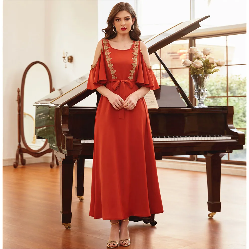 

Fashion Summer Women Maxi Dress Cold Shoulder Design Flare Sleeve Middle Eastern Party Dresses Evening Gown Abaya Dubai Kaftan