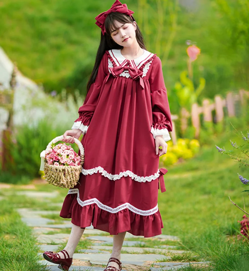 Công Chúa Tiệc Trà Ngọt Lolita Đầm Retro Ren Nơ Phong Cách Pháp Thanh Lịch Victoria Đỏ Đô Kawaii Cô Gái Gothic Lolita Op