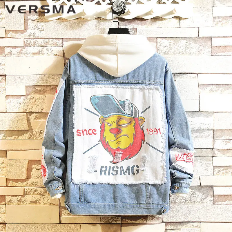 VERSMA Korean Oversized Vintage Jacket Windbreaker Denim Shirt Men Ripped Cropped Back Print Denim Jacket Coat Men Dropshipping