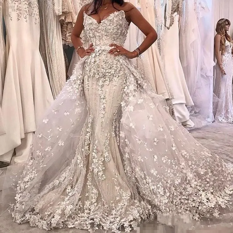 Vestidos florais 3D com pérolas apliques, vestidos de noiva sereia, até o chão, vestido de noiva branco, perolização romântica, moda luxuosa