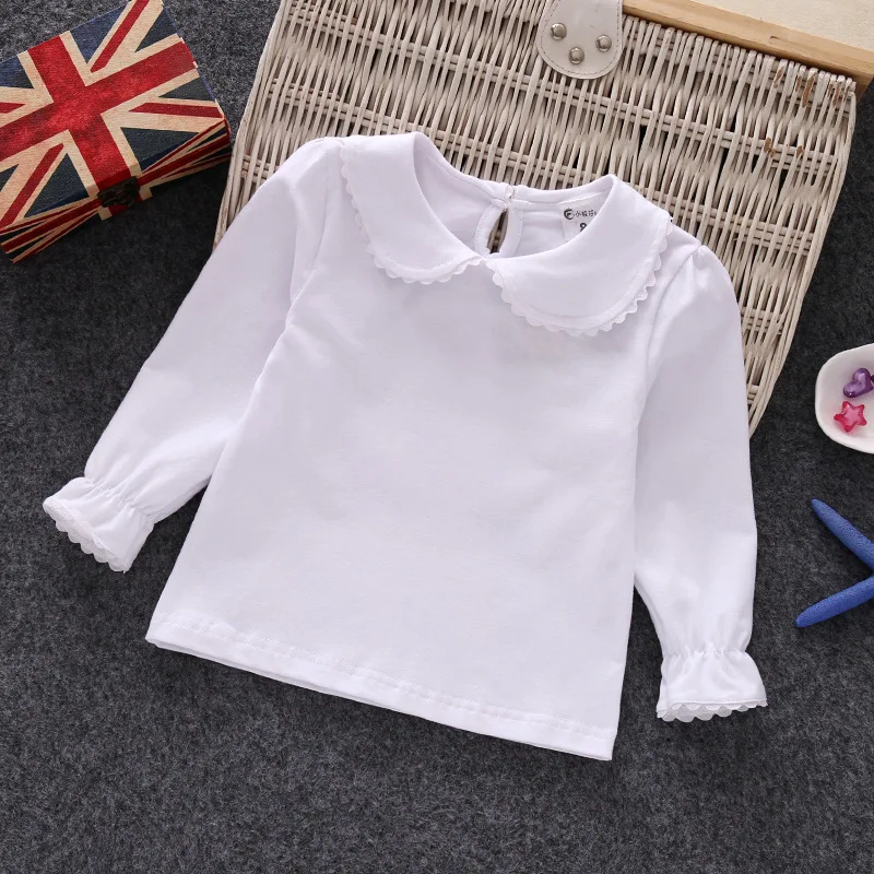 Kids T Shirts Spring Autumn Girls T-shirts Clothing Long Sleeve Peter Pan Collar Solid Color Cotton Children\'s Tops Tees Clothes