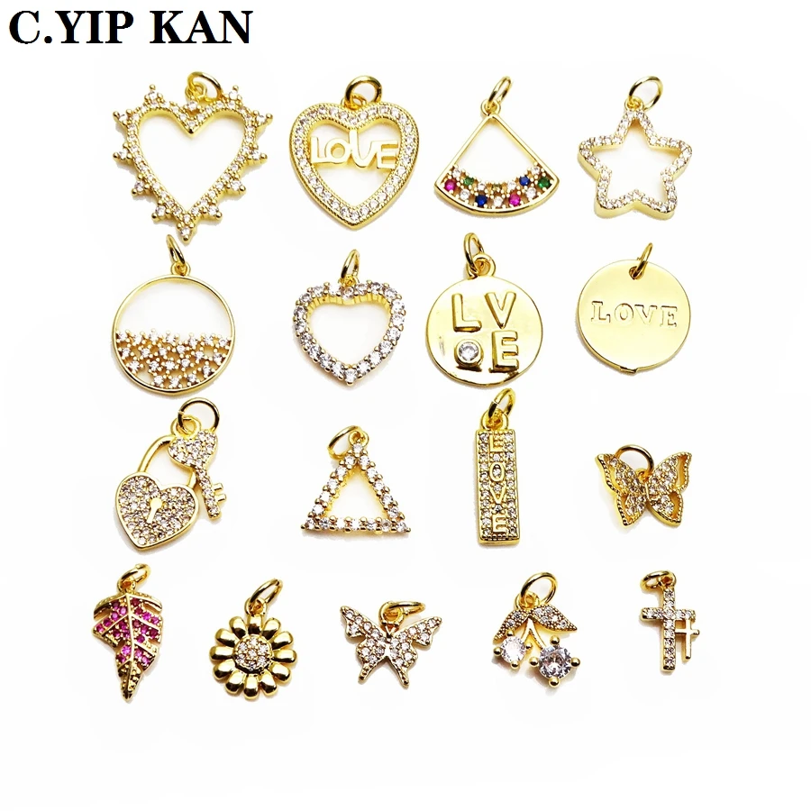 

Love hearts small pendant butterfly cherry charms micro zircon gold plated leaves pendant DIY bracelet necklace accessorie