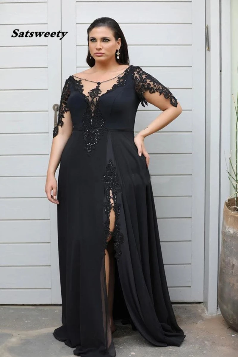 Stijlvolle Lace Geappliceerd Plus Size Prom Jurken Met Lange Mouwen Sheer Hals Moeder Van De Bruid Jurken Split Avondjurken