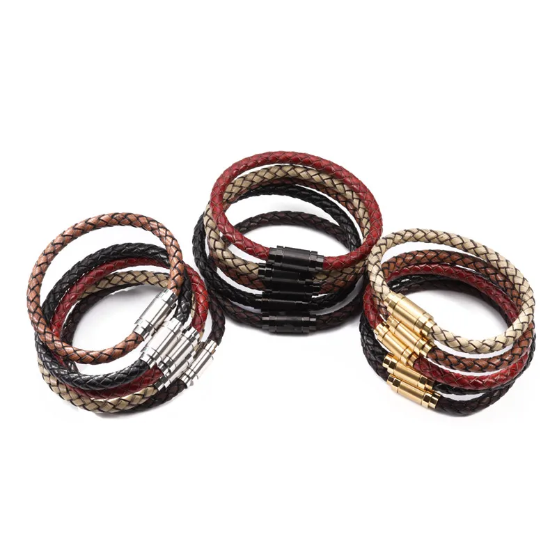 Louleur 2021Black Genuine Braided Leather Bracelet Men Women Stainless Steel Magnetic Clasp Male Bracelets Bangles Punk Jewelry