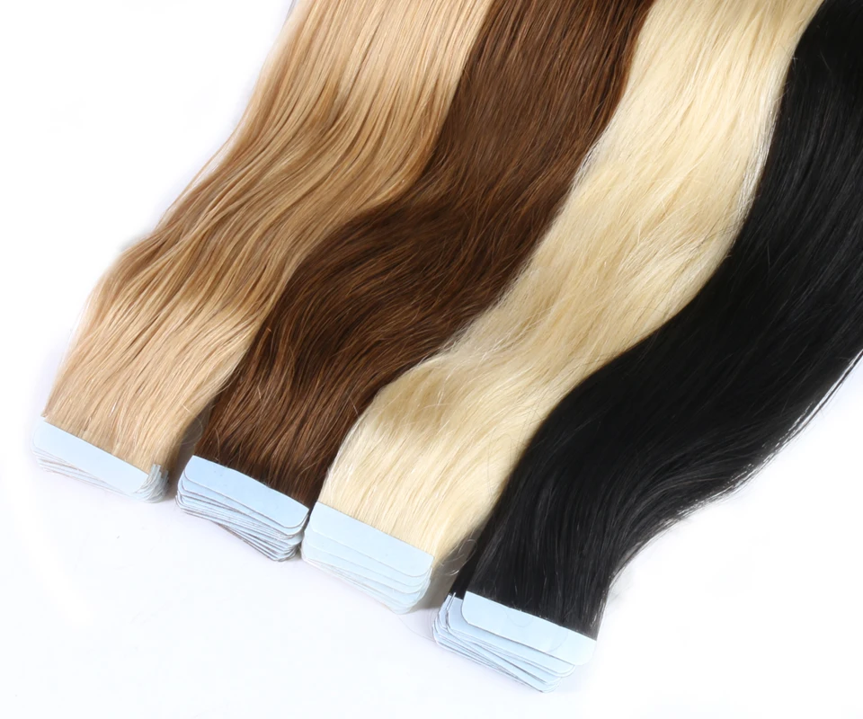 QHP Tape Hair Extensions Remy Human Hair Machine-made Remy Double Sided Adhesive Tape Extensions Hair 20pcs/pack Hair Skin Weft