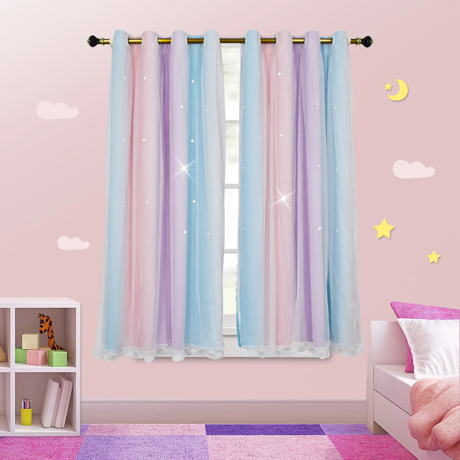 Fashion Curtain With Tulle Decorative Star Curtains/Draperies Living Room Bedroom Kids Room Curtain/Drapery For Girls Room