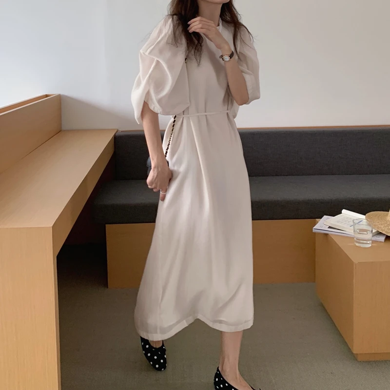 2021 New Women Summer Vintage Long Dress Sashes Folds Puff Sleeve Elegant Pullover Sundress Palace Style