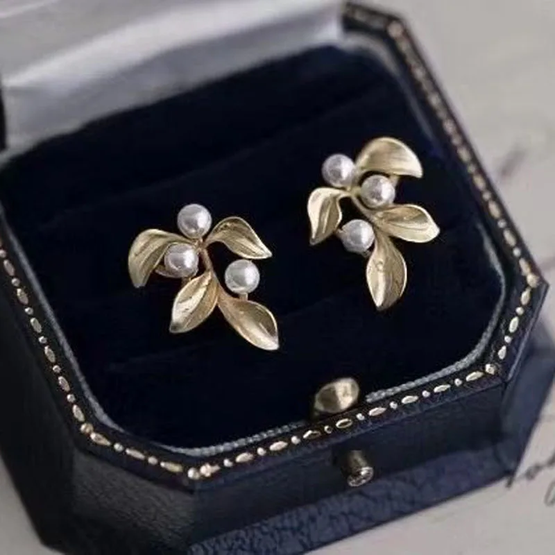 3Pcs/Lot Leaf Style Multi Pearls Beads S925 Silver Stud Earrings Settings