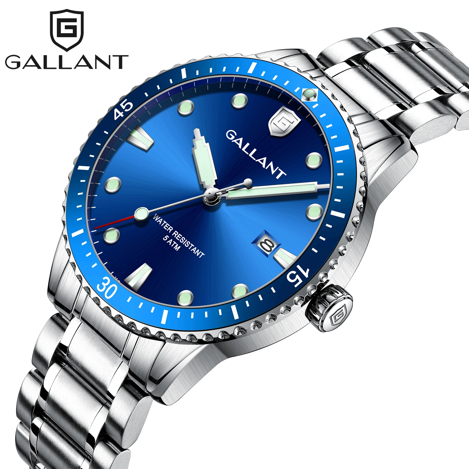 GALLANT Mens Watch Luxury Quartz Watches Stainless Steel Watch for Men Date Calendar 5ATM Waterproof Watch Business Gift Silver