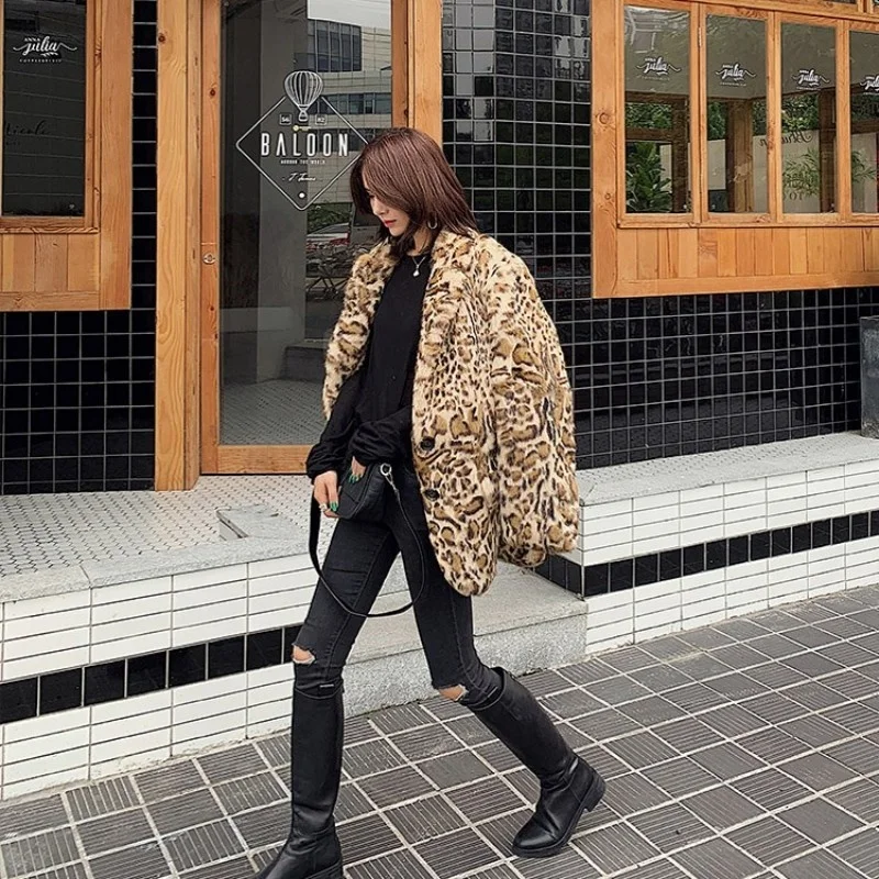 Ladies Luxury Leopard Print Real Fur Suit Jackets Vintage Rabbit Fur Long Sleeve Coat Winter Fashion Office Warm Outwear Female