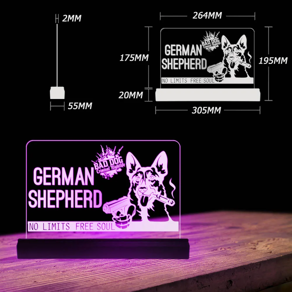 Bad Dog German Shepherd Gangster Desktop LED Light Angry Alsatian Portrait 3D Illusion Night Lamp Dog Lovers Living Room Decor