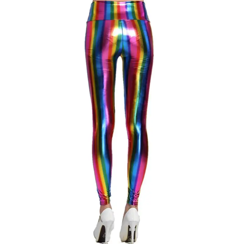 Womens Hologram Metallic Rainbow Leggings Glitter Neon Tights Stripes Printed High Waist Yoga Pants Faux Leather Party Clubwear