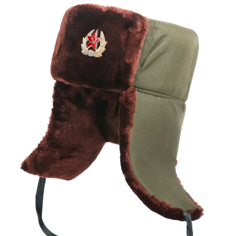 Soviet Badge Russia Ushanka Men Winter Bomber Hats Pilot Faux Fur Earflap Trapper Trooper Hat Russian National Emblem Snow Hats