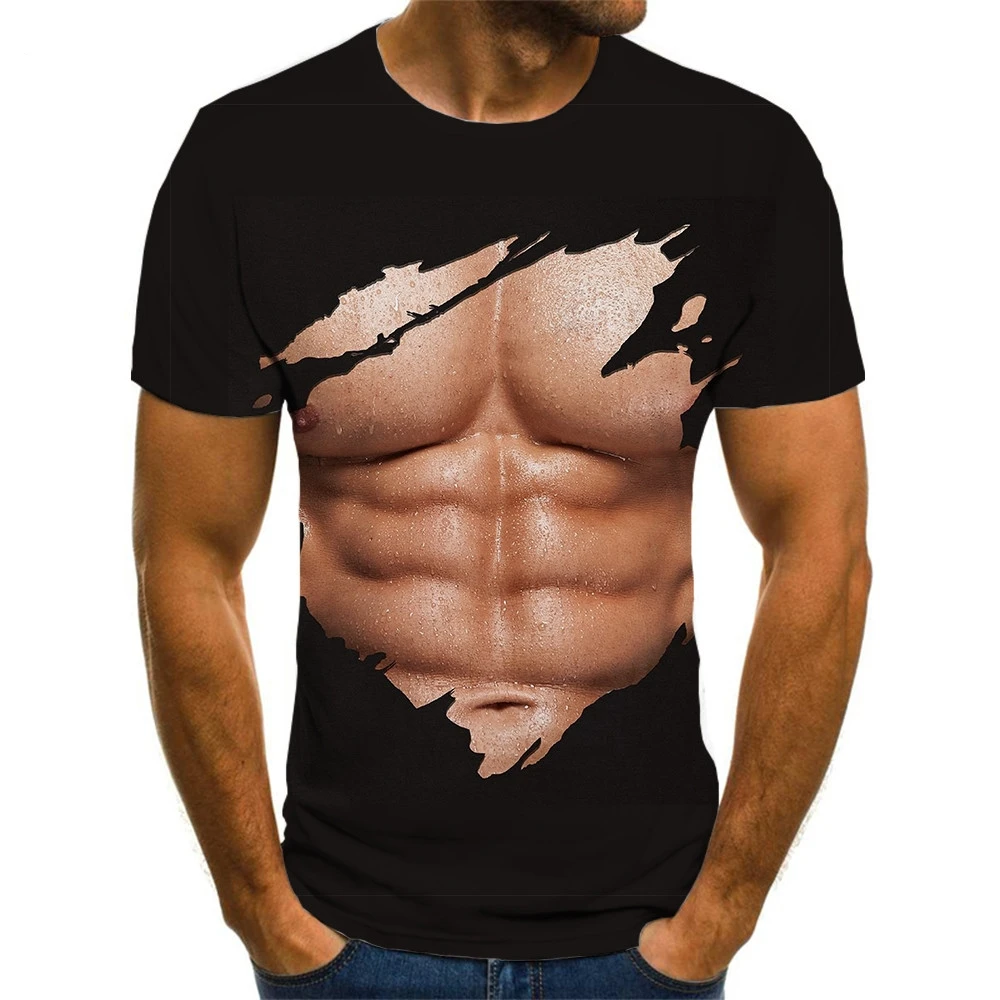 

Brand Muscle T shirt Men Abdominal Muscles Funny T shirts Black T-shirts 3d Mens Clothing Punk Rock Fashion Slim Tops