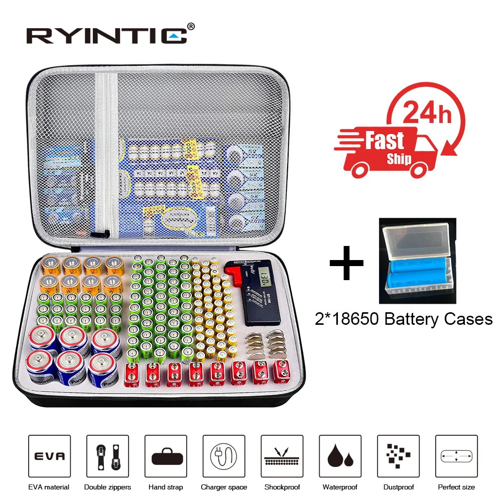 Portátil rígido EVA Shockproof Battery Organizer, Estojo de armazenamento, Box Holder, Container Tester para Battey, AA, AAA, C, D, 9V, 3V, LR44,