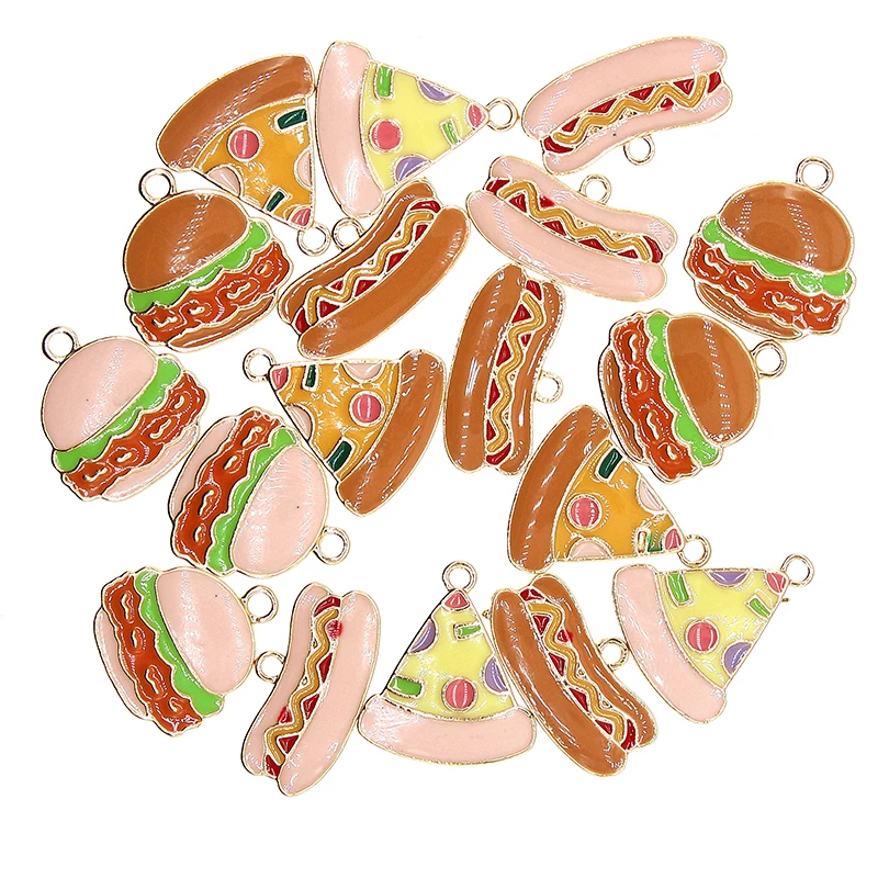 10pcs/pack 20*11mm 17*19mm 16*18mm Cute Food Enamel Hamburger Pizza Hot Dog Charms For Bracelet DIY Fashion Jewelry Findings