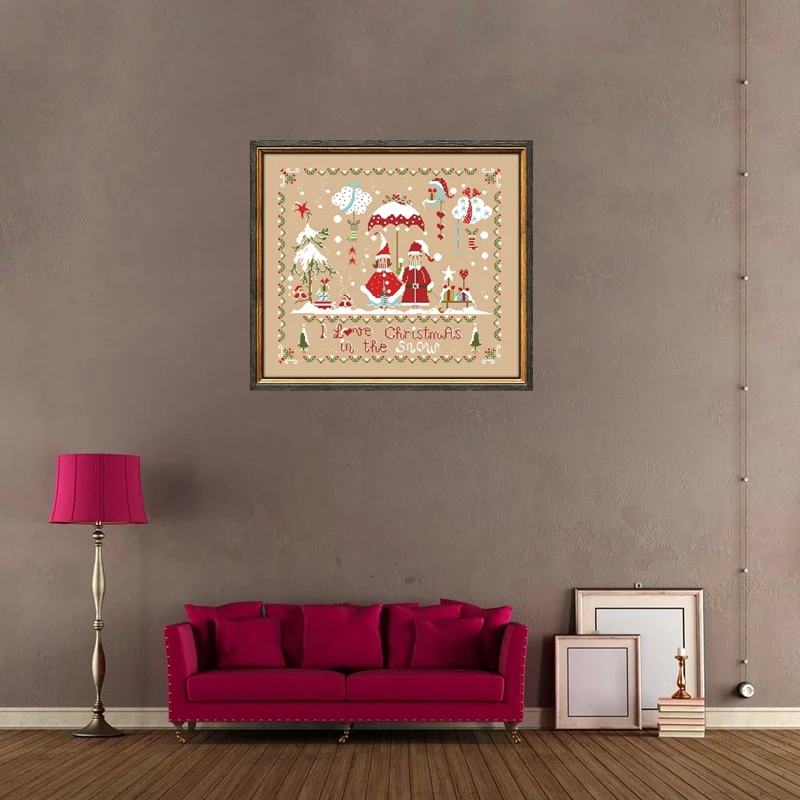 I love Christmas cross stitch kit cartoon pattern design 18ct 14ct 11ct linen flaxen canvas embroidery DIY needlework