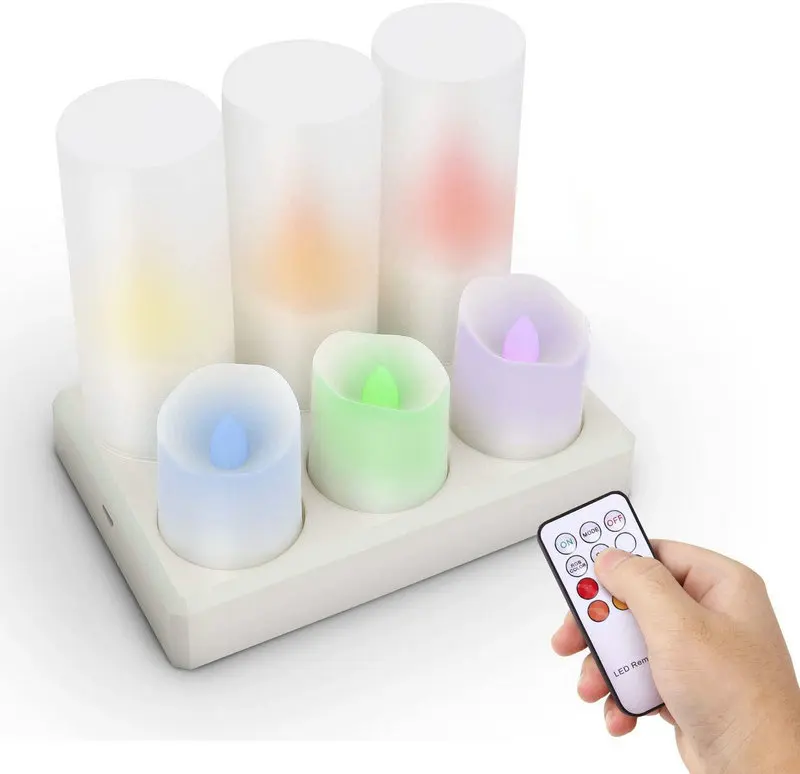 Set of 6 USB rechargeable Remote controlled Flameless Wavy edge LED Candle lamp Tealight Votive Home Lighting decor-Multicolor