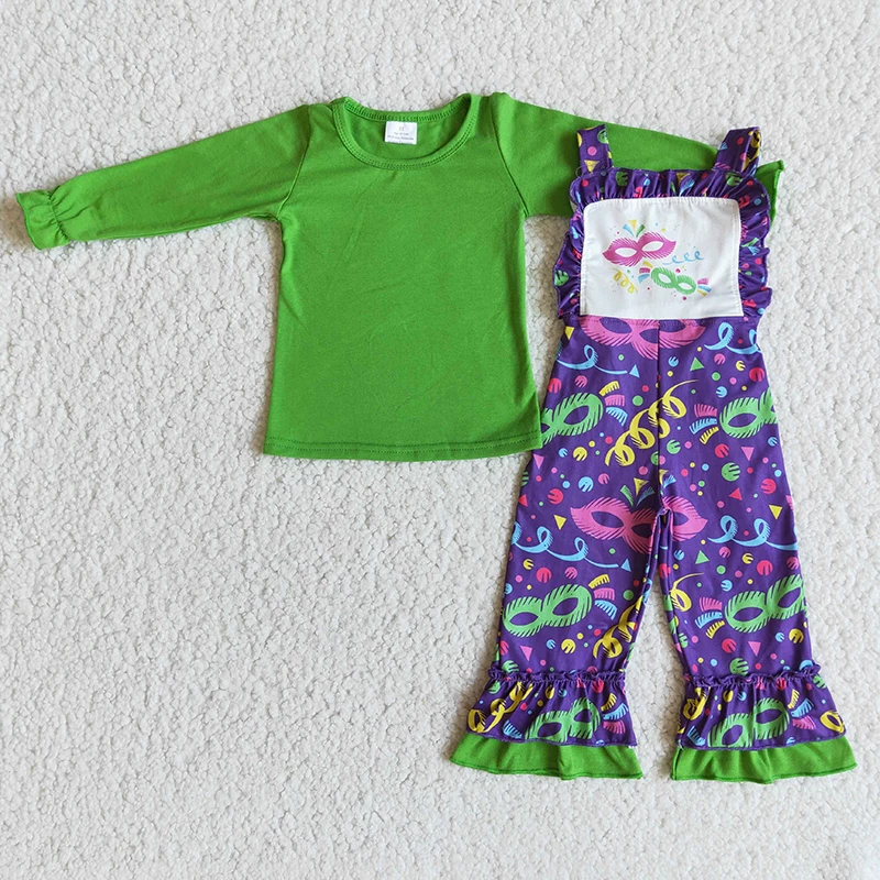 Wholesale Mardi Gras Baby Girl Kids Purple Long Sleeves Overall Clothes Toddler Green Shirt Ruffle Set Children Jumpsuit Outfit