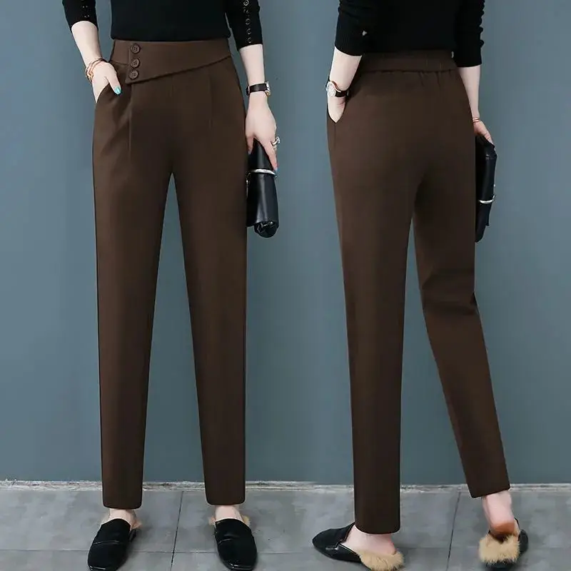 Thick Woolen Pants Woman Elastic Waist Harem Trousers Autumn Winter Ankle-Tied Suit Pants Casual High Waist Women Bottoms Pants