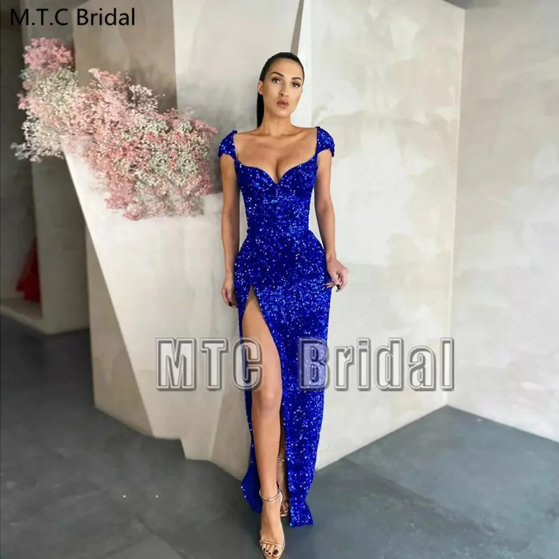 Sparkly Royal Blue Prom Dresses Met Slit Straight Sweetheart Sexy Lange Formele Toga Plus Size Sequin Avond Party Dress