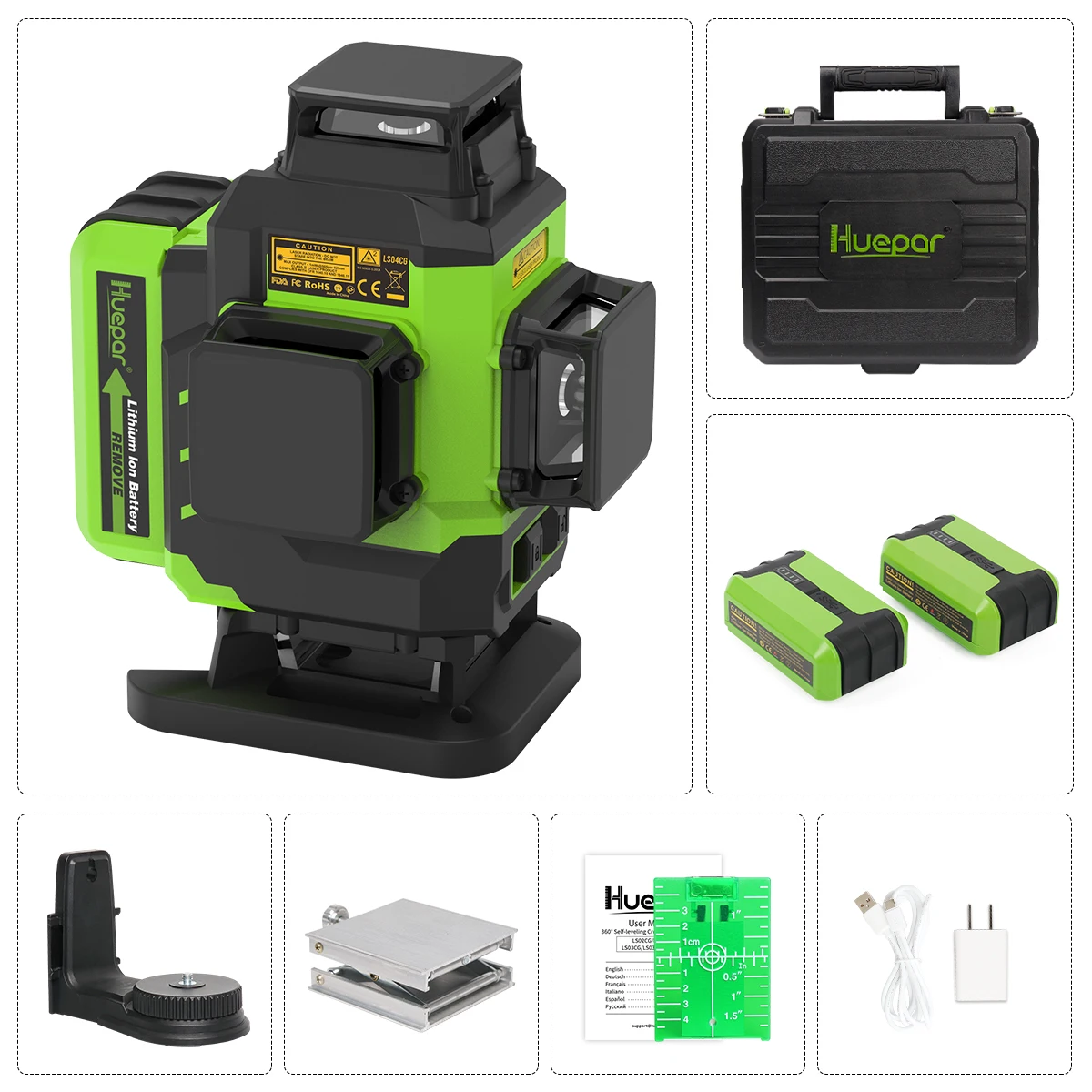 Huepar LS04CG 16 linee Green Beam 4D Cross Line Piastrellatura Utensili laser per pavimenti Osram Orizzontale e verticale con 2 batterie agli ioni