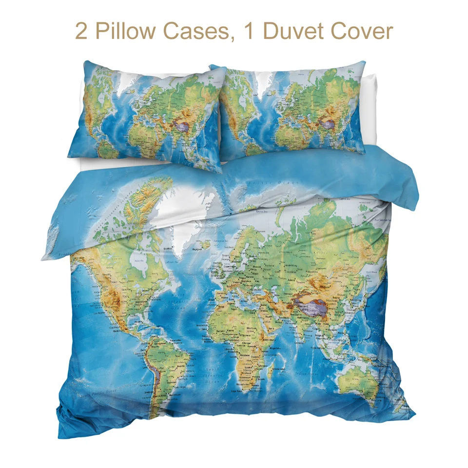 BeddingOutlet World Map Bedding Set Vivid Printed Blue Bed Duvet Cover with Pillow Covers Soft Cozy Home Textiles Queen Size 3pc