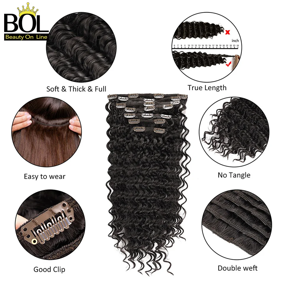 BOL Deep Wave Synthetic Curly Clip in Hair Extensions Fake Hair Clip in 7Pcs Japanese Heat Resistant Fiber Hairpieces For Women