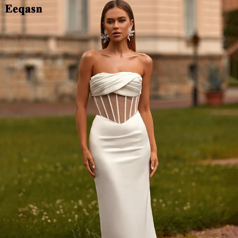 

Eeqasn Ivory Satin Evening Dresses Strapless Pleated Dubai Women Prom Gowns 2022 Sheer Body Tea- Length Celebrity Formal Dress