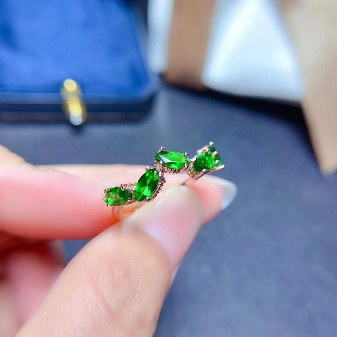 

Design Style Silver Gemstone Ring for Young Girl 3mm*6mm Natural Diopside Ring 925 Silver Diopside Jewelry